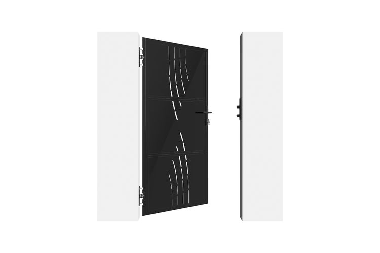 Gartentor mit dekorativem Muster zwischen zwei weißen Säulen