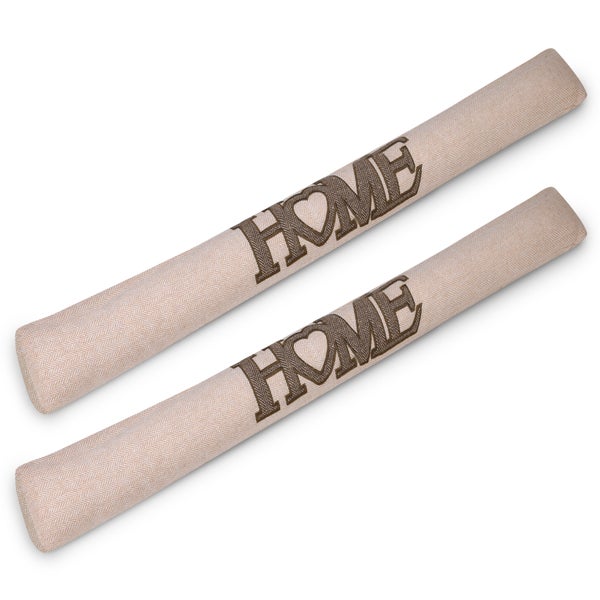 Zwei Zugluftstopper mit der Aufschrift Zuhause