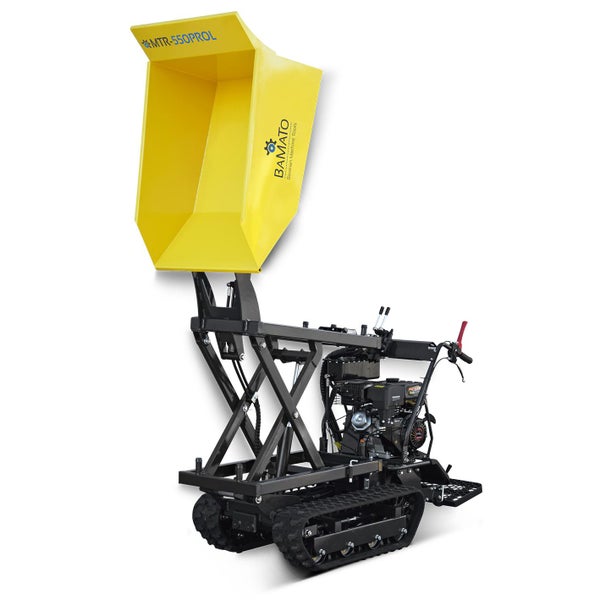 Motorisierte Raupen-Minidumper mit gelbem Behälter.