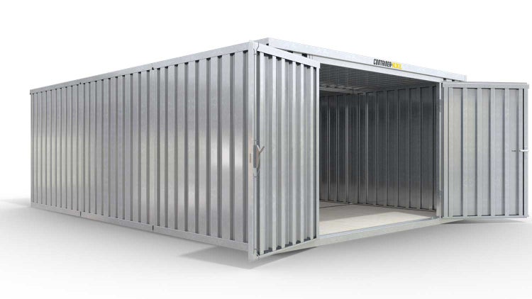 Lagercontainer Gerätehaus XL3  – 32 qm, H2150 x B5080 x T6520 mm, verzinkt, mit Holzfußboden, 2750 mm Doppelflügeltür mittig in Stirnseite, zerlegt