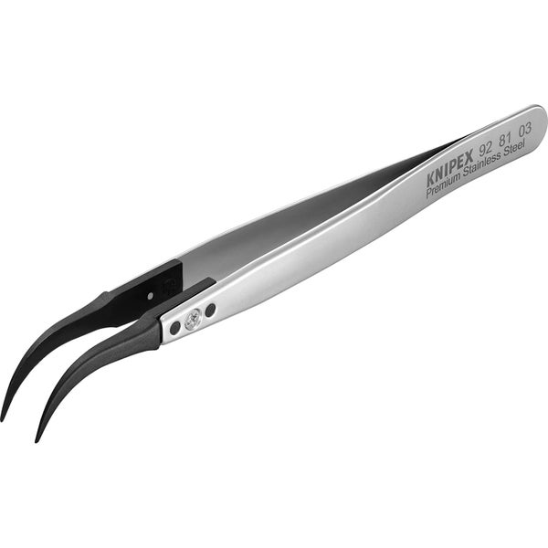 Knipex Präzisionspinzette aus rostfreiem Edelstahl mit gebogenen schwarzen Spitzen.
