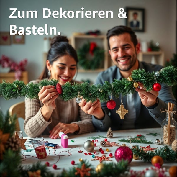 Paar dekoriert einen grünen Kranz mit Schmuck für Weihnachten
