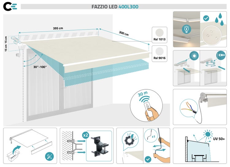 Illustration einer Fazzio LED 400L300 Markise mit Maßangaben und technischen Details