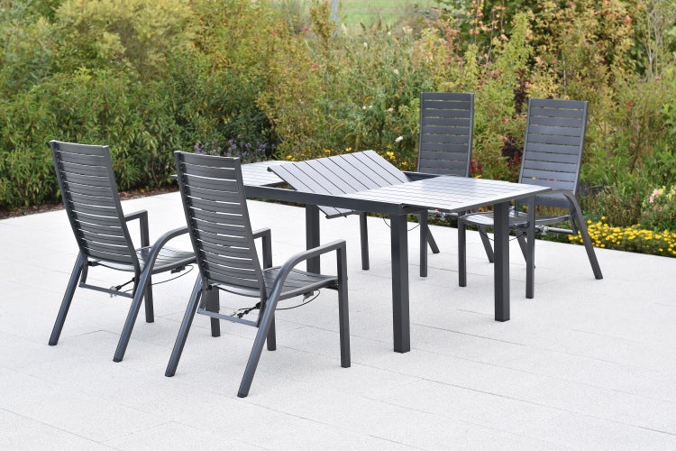 Siros Gartenmöbelset 5tlg., 4 Sessel verstellbar durch Gasdruck, Ausziehtisch 150 (200) x 90 cm, Tischplatte aus Aluminium