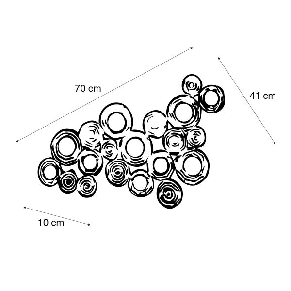 Dekorative Wandskulptur aus Metall mit Kreisdesign und den Maßen 70 cm Länge, 41 cm Höhe und 10 cm Tiefe.