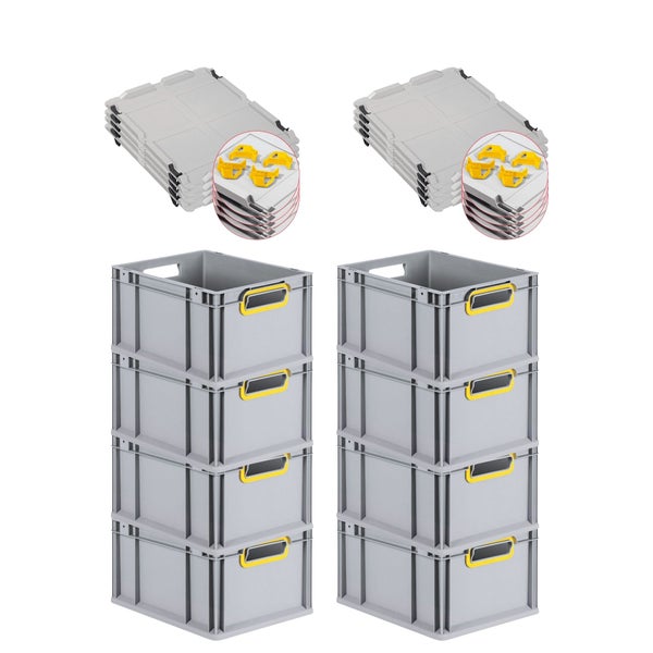 PROREGAL Spar Set 8x Eurobox Nextgen Color Mit Auflagedeckel & Schiebeschnappverschlüsse HxBxT 22 x 30 x 40 cm Griffe Gelb Offen Glatter Boden