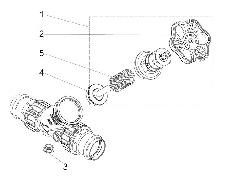 Explosionszeichnung eines Ventils mit nummerierten Einzelteilen wie Handrad mit Traumfrei Logo, Feder und Ventilgehäuse DN 32 nach DIN-Norm.