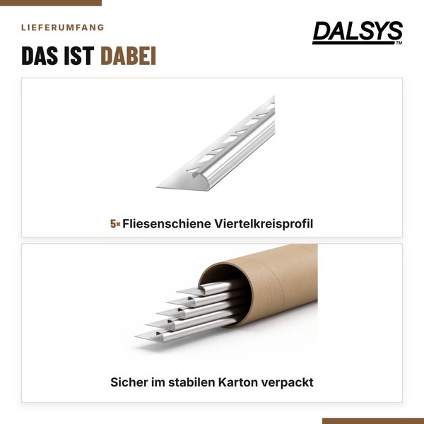 Lieferumfang von fünf Dalsys Fliesenschienen mit Viertelkreisprofil, sicher verpackt in einer stabilen Kartonrolle.