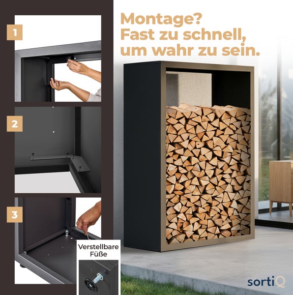 Anthrazitfarbenes Brennholzregal aus Metall mit Holzscheiten, Montageschritten und verstellbaren Füßen. Sortiq Logo.