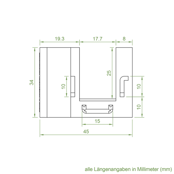 Technische Zeichnung mit Maßangaben eines Bauteils in Millimeter.