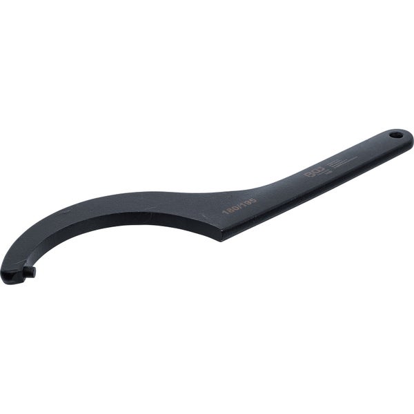 Schwarzer Hakenschlüssel mit Zapfen aus Metall, Größe 180 bis 195 Millimeter, BGS technic Logo.