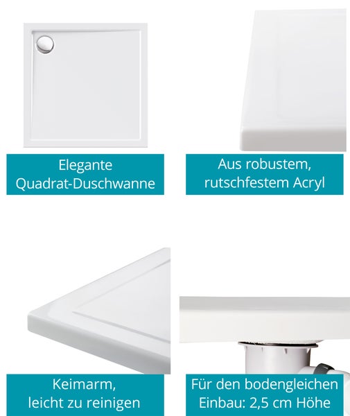 Calmwaters® Quadrat-Duschwanne Modern Select, eckige bodengleiche Brausewanne aus Acryl, 90 x 90 x 2,5 cm mit Ablaufloch in 90 mm, Duschtasse in Weiß, 01SL2984
