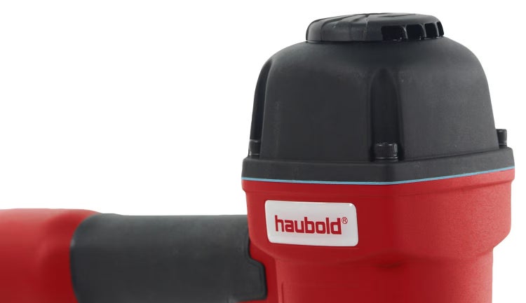 Nahaufnahme des Haubold-Logos auf einem roten Druckluftgerät.