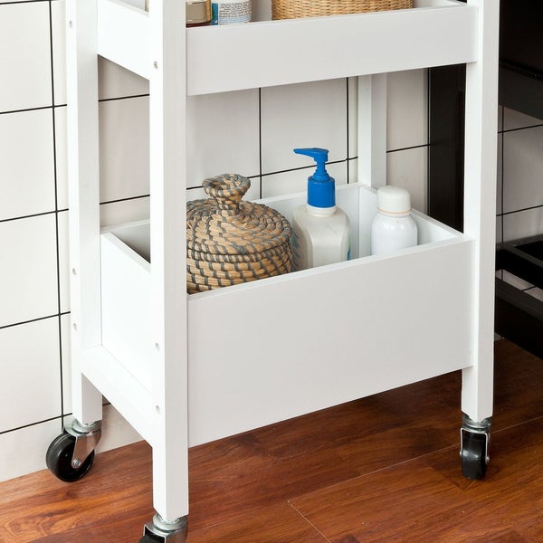 Weißer Servierwagen mit drei Ablagen und Rädern