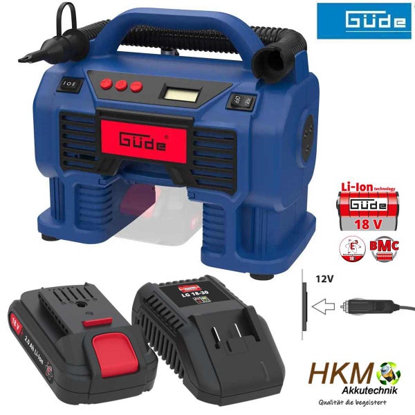 Güde Akku-Kompressor-Set inklusive 18 Volt Akku, Ladegerät und 12 Volt Anschlusskabel, blau-schwarz. Güde Logo und HKM Akkutechnik Logo.