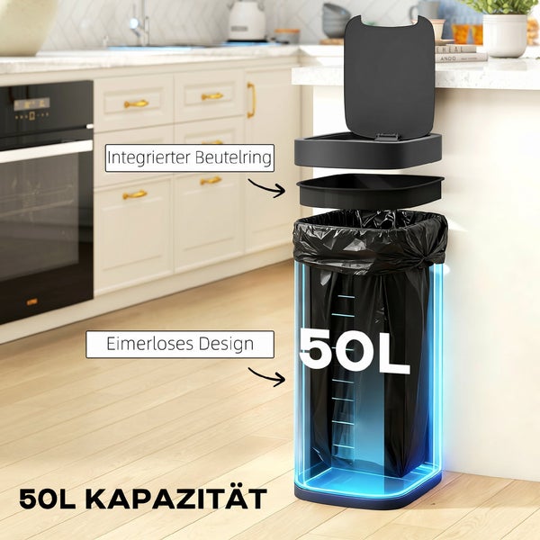 Abfallbehälter mit 50 Liter Fassungsvermögen, eimerloses Design und integriertem Beutelring für einfache Müllbeutelbefestigung in der Küche.