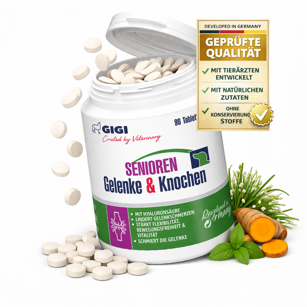 GIGI Senioren Gelenke und Knochen Ergänzungsfuttermittel für Hunde, 90 Tabletten, in Deutschland entwickelt, mit Hyaluronsäure und Kurkuma.
