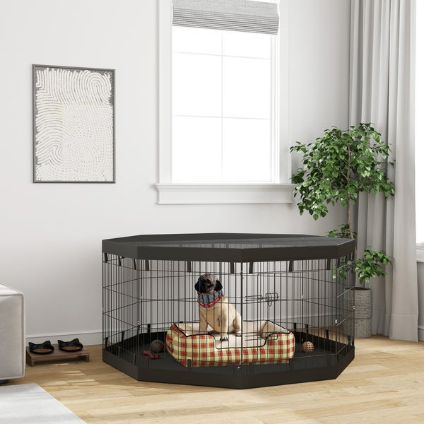 PawHut Welpenauslauf, Welpenlaufstall mit Türen, Fenster, Laufgitter mit Atmungsaktiv Netz, für kleine & mittelgroße Hunde unter 20 kg, Indoor & Outdoor, 159 x 159 x 76 cm, Schwarz