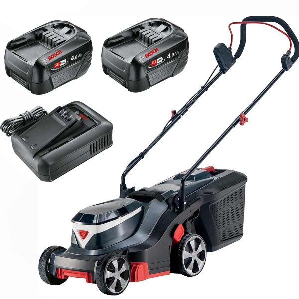Bosch Akku-Rasenmäher Set in Schwarz und Rot, inklusive zwei 18 Volt 4,0 Amperestunden Akkus und Ladegerät.
