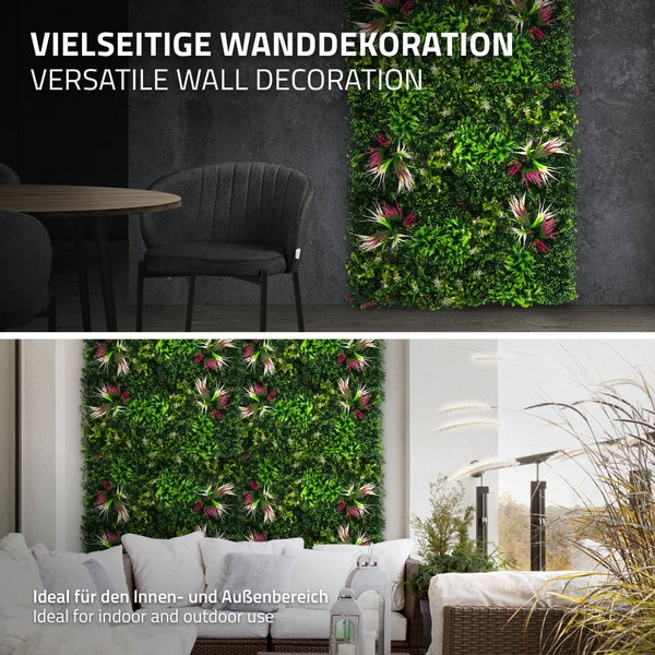 Künstliche Pflanzenwand als vielseitige Wanddekoration für den Innen- und Außenbereich in einem modern eingerichteten Raum und auf einer Terrasse.