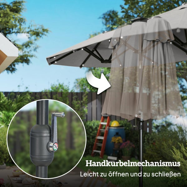 Großer Doppelsonnenschirm mit LED-Beleuchtung im Garten. Maße: 292 mal 150 Zentimeter, Höhe 218 Zentimeter, Stockdurchmesser 3,8 Zentimeter.