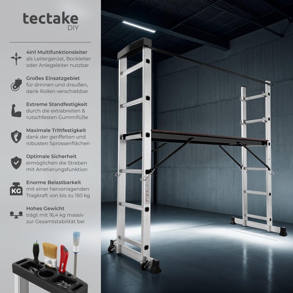 Tectake Multifunktionsleiter 4-in-1 als Leitergerüst, Bockleiter oder Anlegeleiter