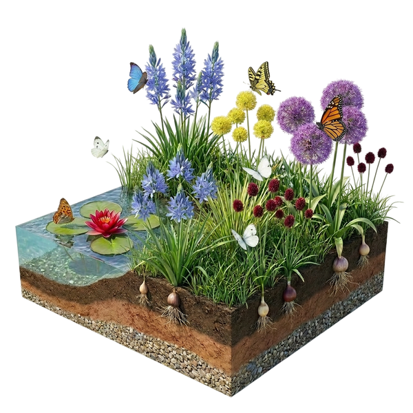 Querschnitt einer Gartenlandschaft mit Teich, Seerose, verschiedenen Blumenzwiebeln, Allium, Camassia und Schmetterlingen.