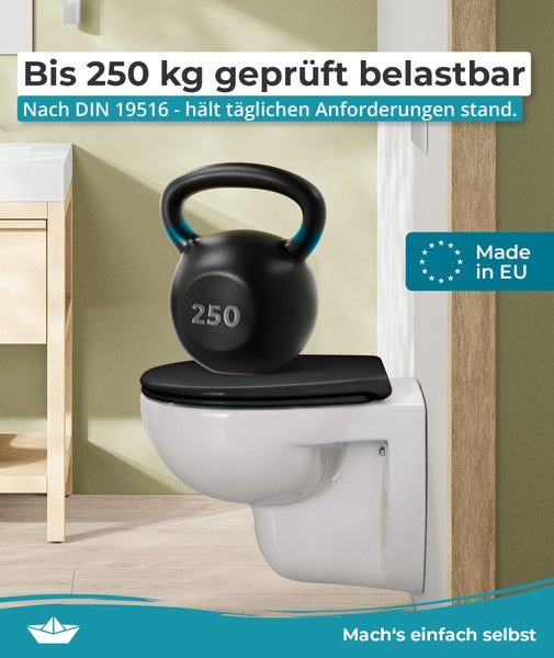 Calmwaters® WC Sitz einfache Montage, Premium Toilettendeckel bis 250 kg, Made in EU, antibakterieller Duroplast, doppelte Absenkautomatik, 2 Montage Optionen, abnehmbar, Klobrille, oval, Schwarz