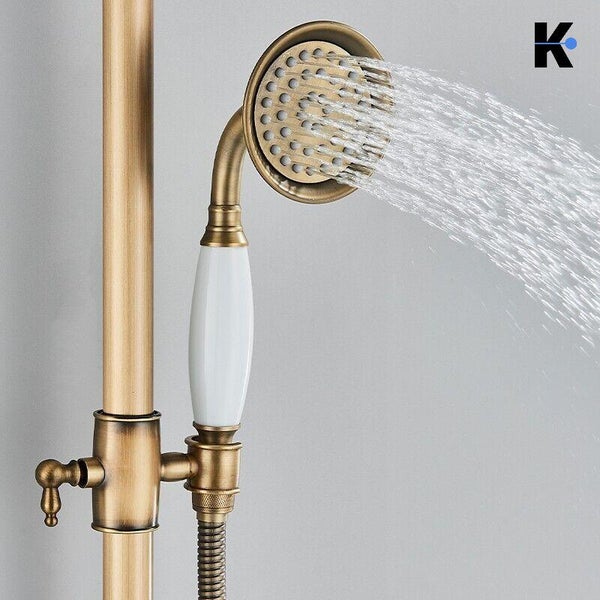 NALA | Vintage Regendusche Set Messing unlackiert Edelstahl | Retro Design Duscharmatur Duschsystem | Mischbatterie Dusche komplett mit Handbrause