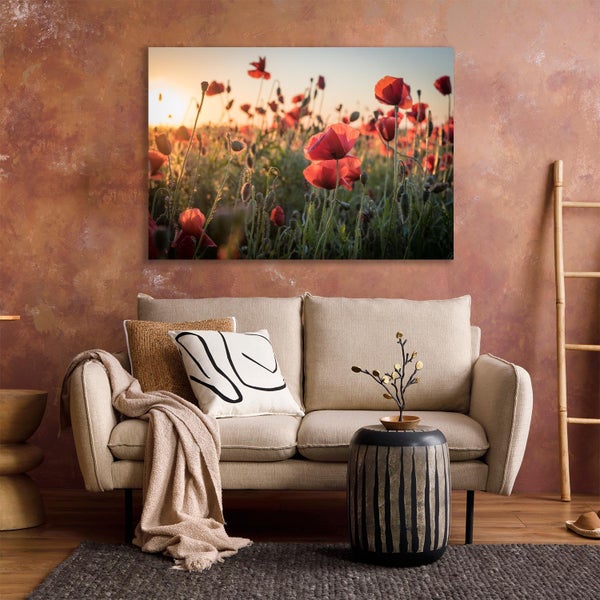 Wohnzimmer mit Sofa, Couchtisch und Wandbild mit Mohnblumenmotiv