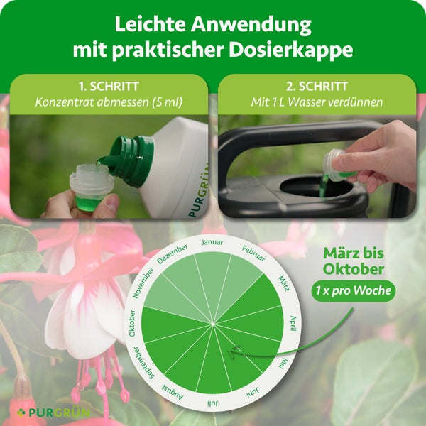 Anleitung für Dünger: 5 Milliliter abmessen, mit 1 Liter Wasser mischen. Anwendung von März bis Oktober einmal pro Woche. Purgrün Logo.