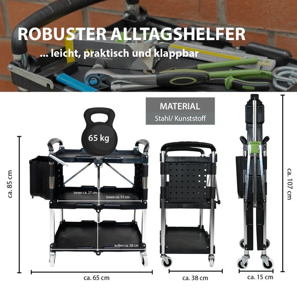 Servicewagen klappbar 65 Kg Traglast Beistellwagen mit Seitentasche Montagewagen Servierwagen