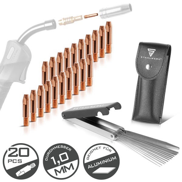 Schweißdüsen-Set mit 20 Stück, Durchmesser 1,0 mm, geeignet für Aluminium, mit Düsenreinigungsbürste und STAHLWERK Logo Etui