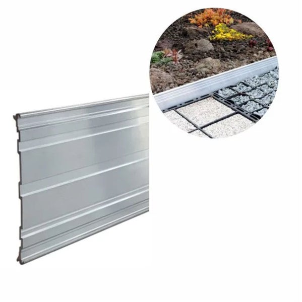 Rasenkante aus Metall für die Beeteinfassung im Garten zur Trennung von Beeten und Kiesflächen oder Pflaster.