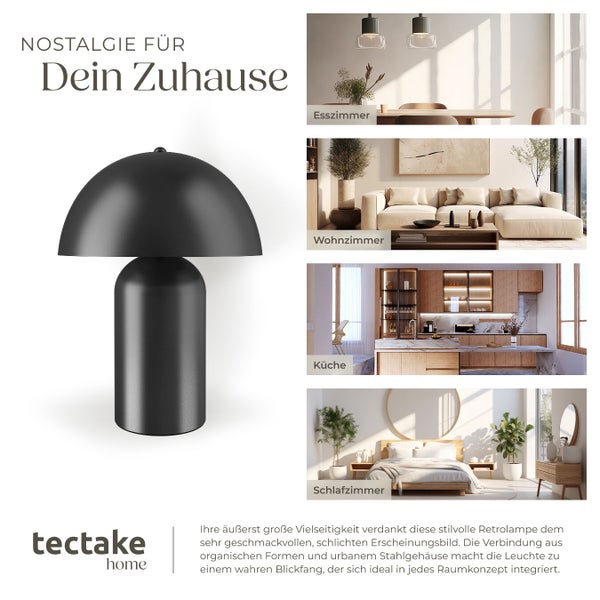 Collage mit einer schwarzen Tischleuchte von tectake und Fotos von Esszimmer, Wohnzimmer, Küche und Schlafzimmer.