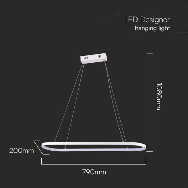 LED-Design-Hängeleuchte mit den Maßen 1080 mm Höhe, 790 mm Breite und 200 mm Tiefe.