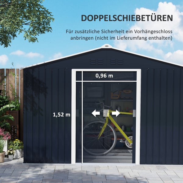 Outsunny Gerätehaus 4,9 m², Gartenhaus mit Pultdach, Schiebetür, Fundament, 277 x 195 x 192 cm, Geräteschuppen aus Verzinkter Stahl, wetterfest, für Garten, Dunkelgrau