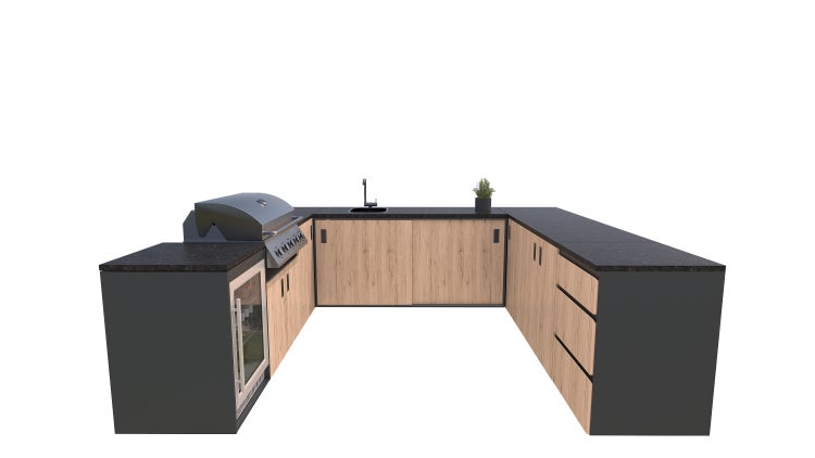 Outdoor-Küche mit Grill, Spüle, Kühlschrank und Stauraum