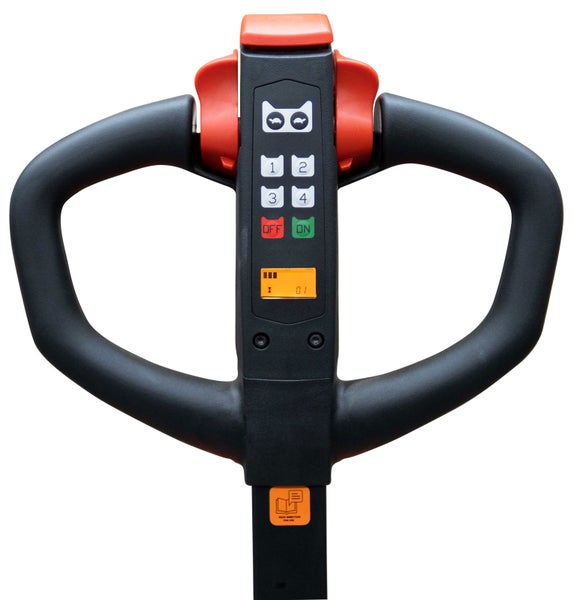 Ergonomischer Deichselkopf eines Elektro-Hubwagens mit Display, Bedientasten für Ein und Aus sowie Geschwindigkeitsregler.
