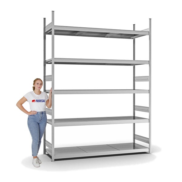 PROREGAL Weitspannregal Stecksystem T-Profil Grundregal HxBxT 300x225x60 cm 5 Ebenen Stahlplatten Fachboden Fachlast 350 kg Verzinkt