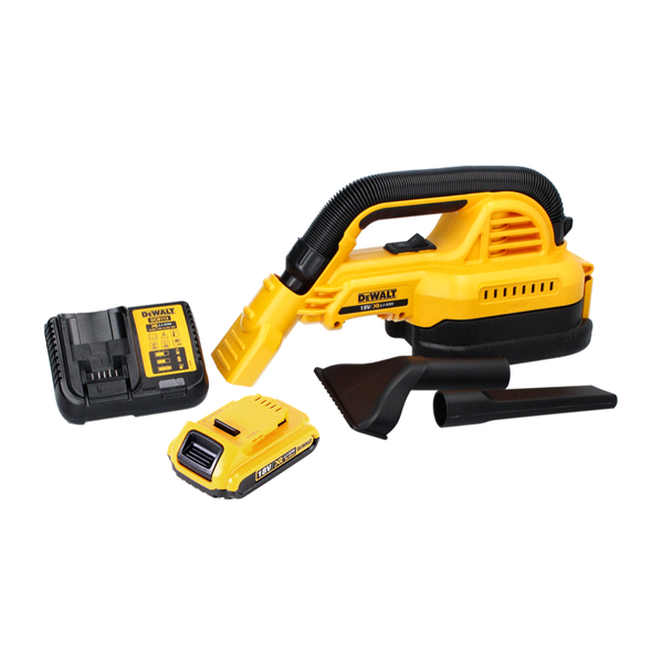 DeWALT Akku-Handstaubsauger Set mit 18 Volt Akku, Ladegerät und zwei Düsenaufsätzen.