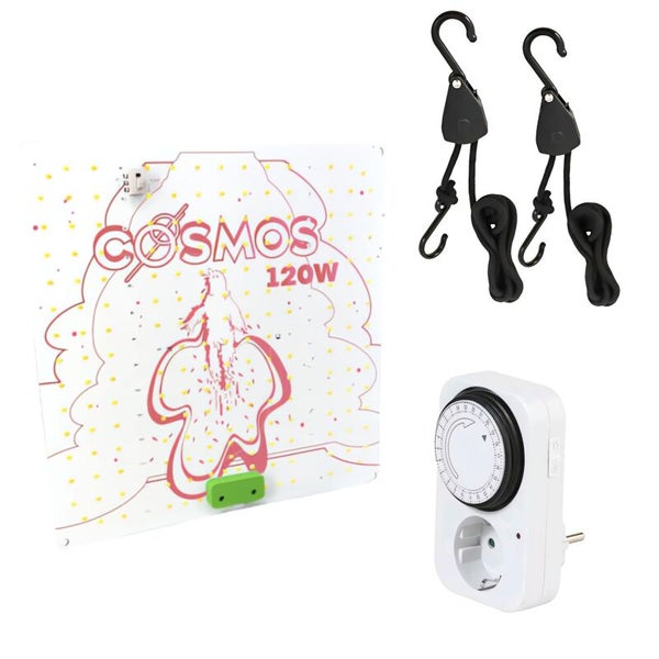 Cosmos LED Pflanzenlampen Set 120W – Vollspektrum Grow Lampe inkl. Zeitschaltuhr & Lighthanger – Stromsparend, kompakt & ideal für alle Wachstumsphasen