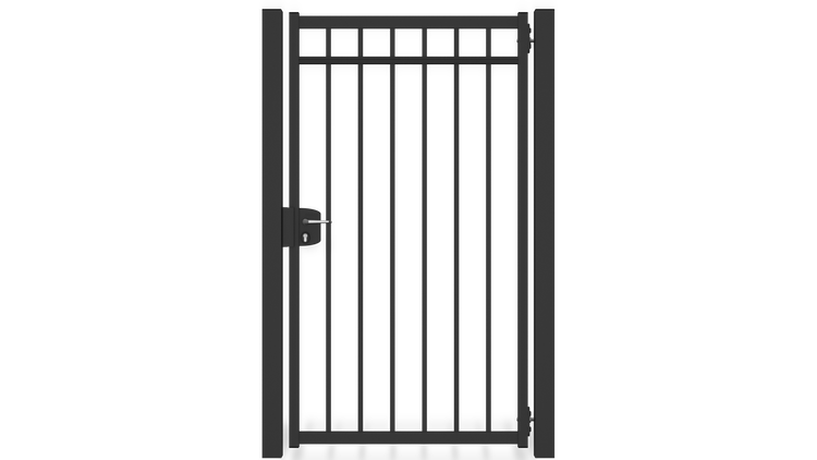 Gartentor ZAUNGURU BASIC-Linie Bremen aus Metall, Höhe: 183cm, Breite: 150cm, 1-flügelig inkl. Pfosten, Schloss und Zubehör, Feuerverzinkt und zusätzlich in RAL 7016 Anthrazitgrau pulverbeschichtet