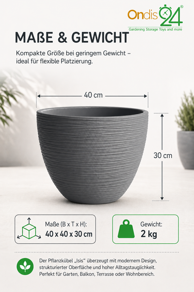 Runder Pflanzkübel Isis mit strukturierter Oberfläche, Maße 40 mal 40 mal 30 Zentimeter, Gewicht 2 Kilogramm, Ondis24 Logo.