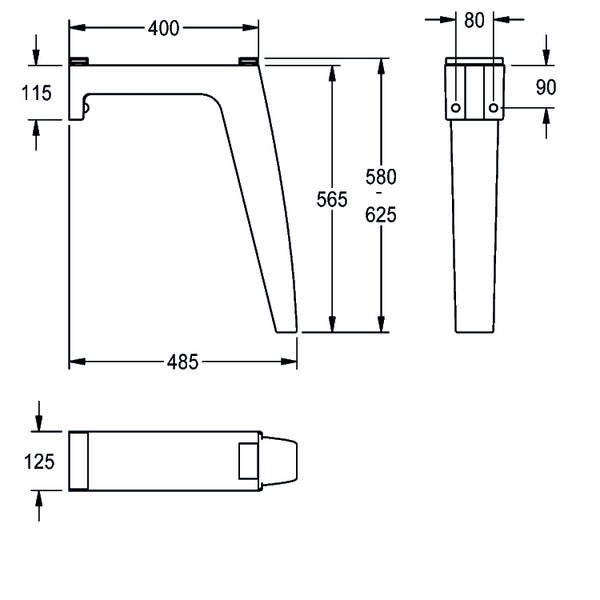 Maßzeichnung eines Möbelfußes mit einer Gesamthöhe von 580 bis 625 Millimeter und einer Breite von 485 Millimeter.