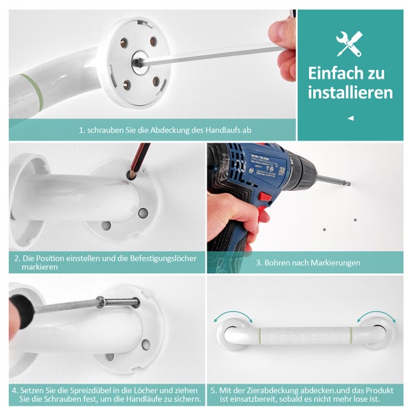 Schritt-für-Schritt-Anleitung zur einfachen Montage eines Haltegriffs: Markieren, Bohren, Verschrauben und Anbringen der Abdeckung.
