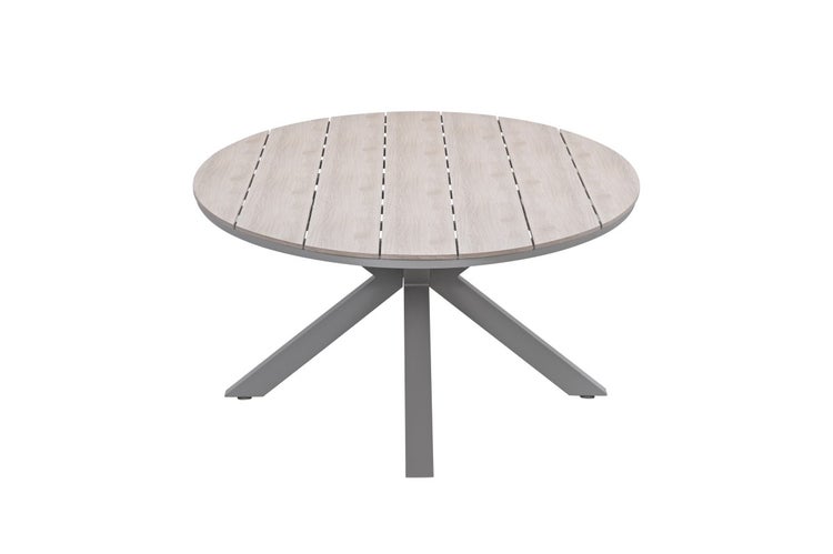 Runder Loungetisch mit Tischplatte in grauer Holzoptik und Metallgestell.