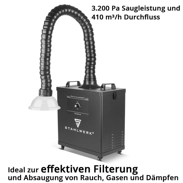 STAHLWERK FE-300 ST Rauchabsaugung mit flexiblem Arm, 3200 Pascal Saugleistung und 410 Kubikmeter pro Stunde Durchfluss. STAHLWERK Logo.
