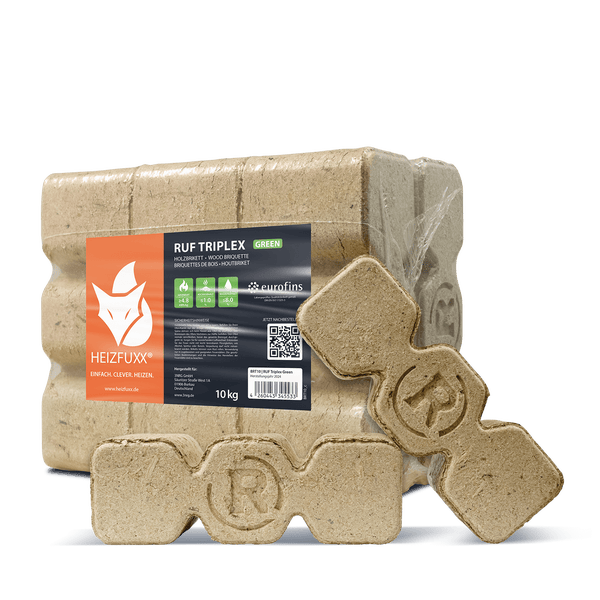 Heizfuxx RUF Triplex Green Holzbriketts, 10 Kilogramm Paket, gepresstes Brennholz für Kamin und Ofen.