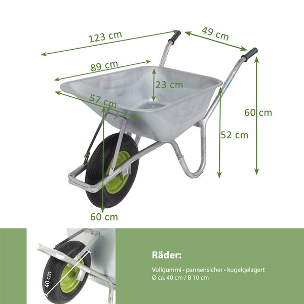 Schubkarre aus Metall mit Vollgummirad und Maßangaben zur Veranschaulichung der Produktabmessungen.